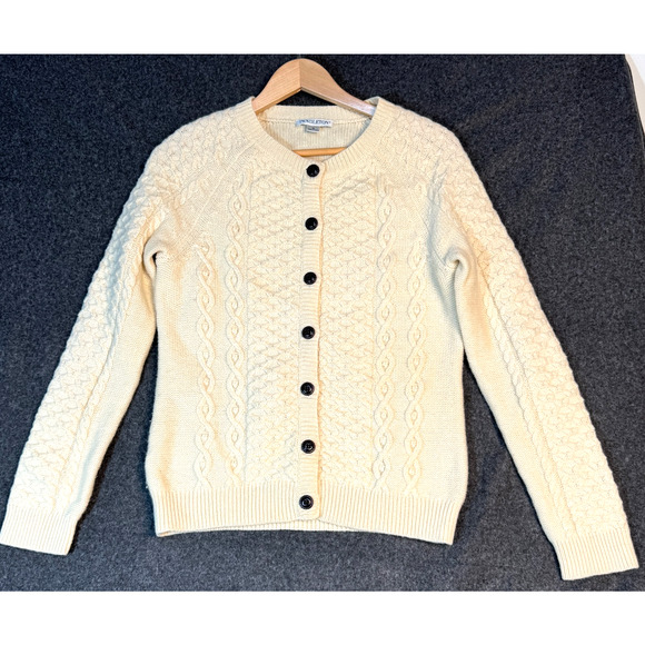 PENDLETON irish aryn fisherman cardigan sweater w/leather look buttons wool Sz M - Picture 3 of 8